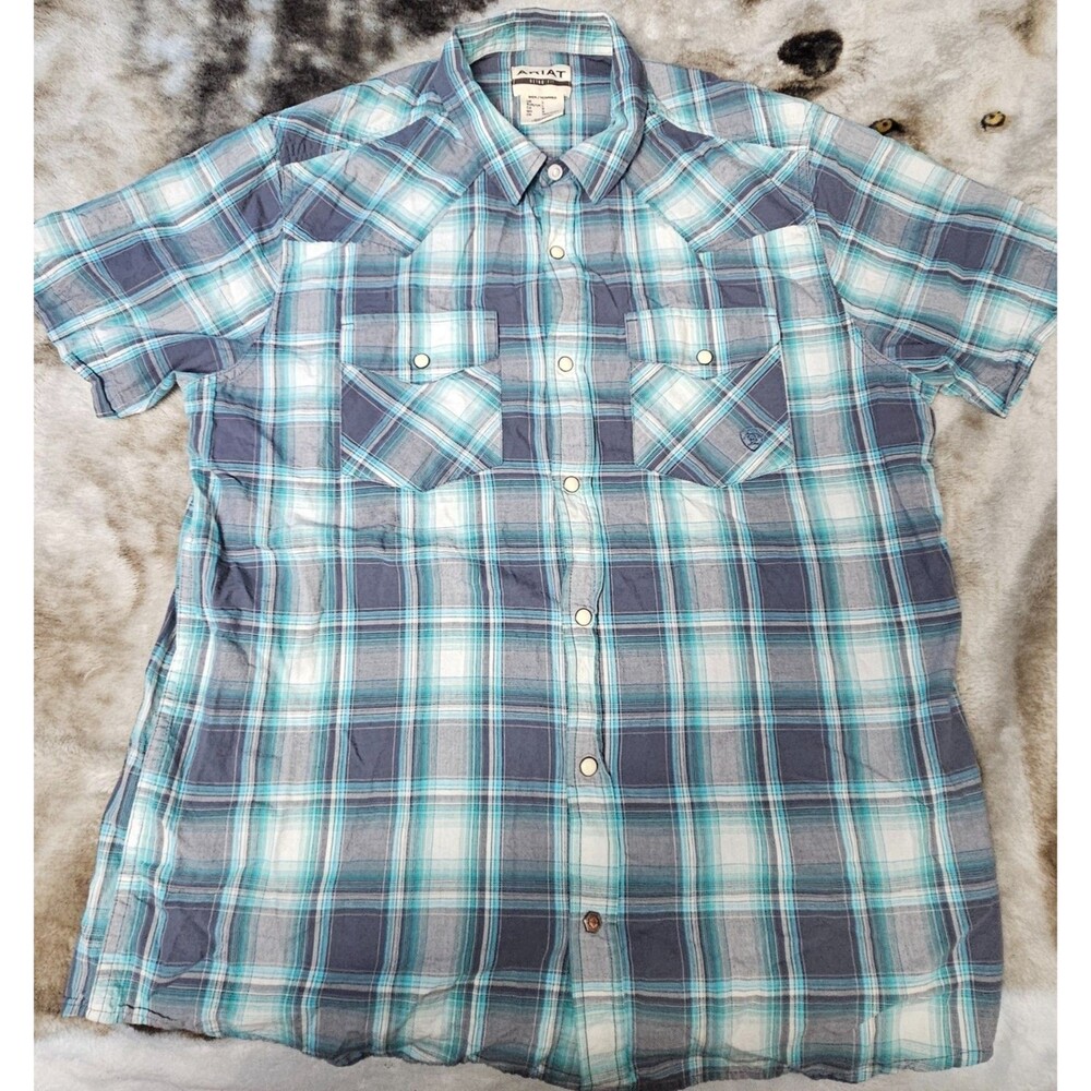 Ariat Shirt Mens Large Blue Plaid Harrington Retro Snap Short Sleeve 10048499